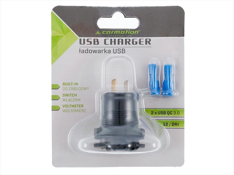 Ładowarka do zabudowy USB QC3.0 + USB 6A z woltomierzem i włącznikiem mechanicznym