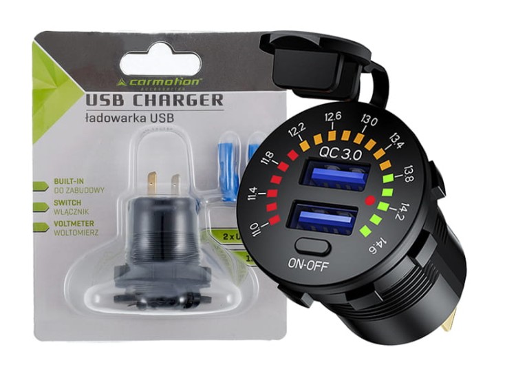 Ładowarka do zabudowy USB QC3.0 + USB 6A z woltomierzem i włącznikiem mechanicznym