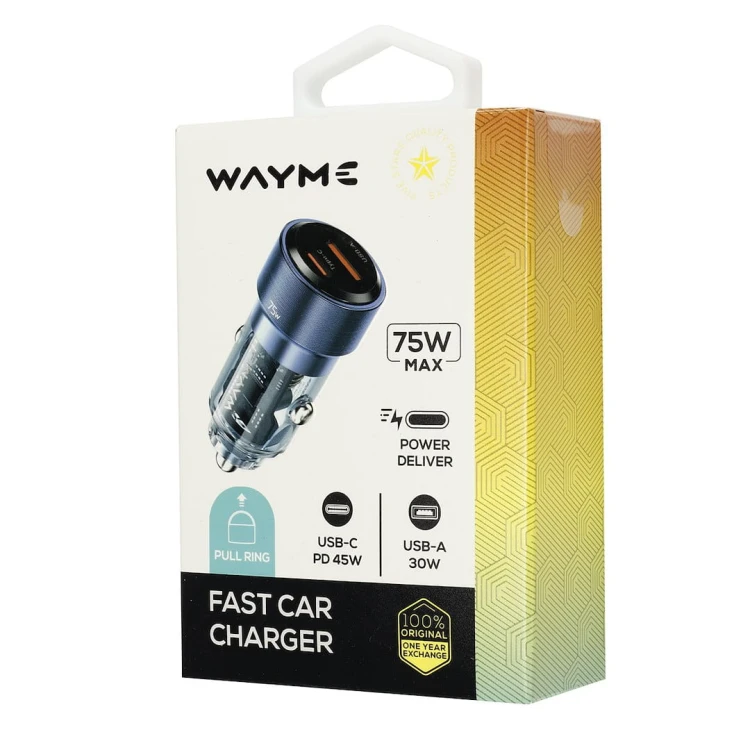 WAYME Ładowarka 12/24V, USB 30W + USB-C PD 45W, przezroczysta niebieska